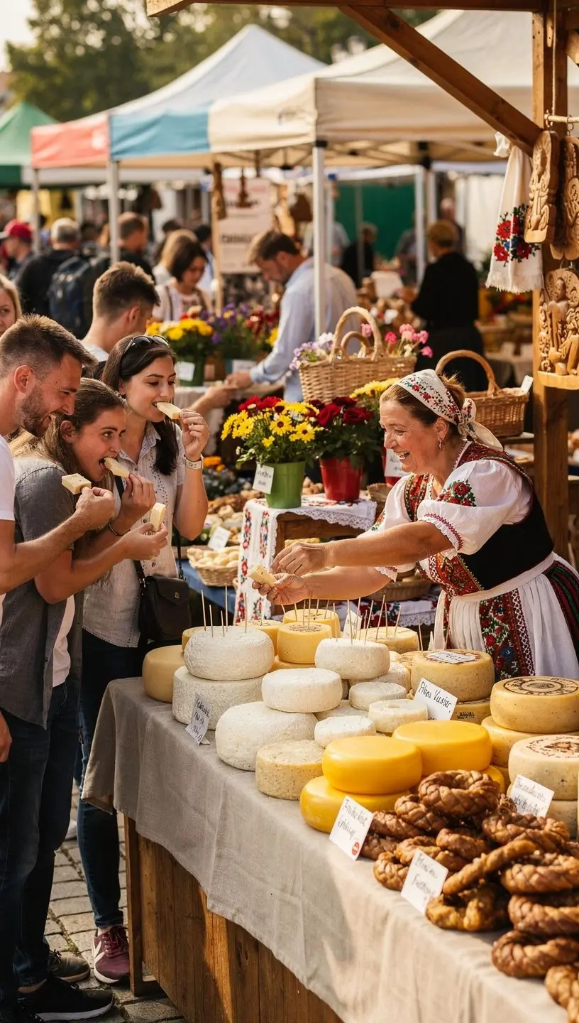A picturesque view of a historic Slovak town square filled with food vendors and visitors enjoying local delicacies.