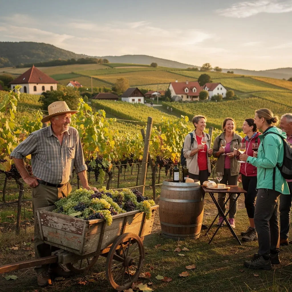 Tourists sampling traditional Slovak pastries while exploring a lively food festival with cultural performances in the background.